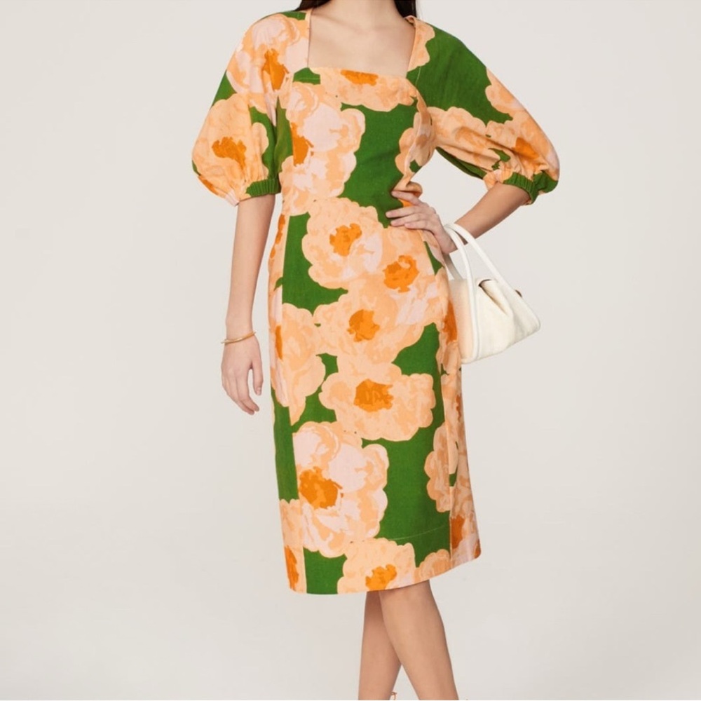 Elegant Floral Midi Dress in Green and Orange